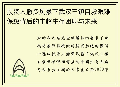 投资人撤资风暴下武汉三镇自救艰难保级背后的中超生存困局与未来